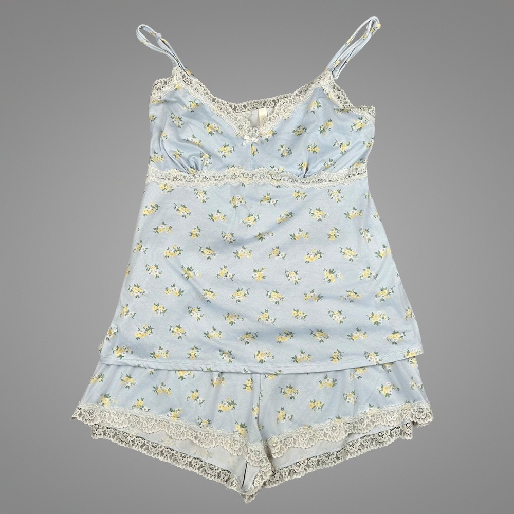 EUC Laura Ashley Blue Ditsy Yellow Floral Soft Girl Coquette Cami Sleep Set XL
